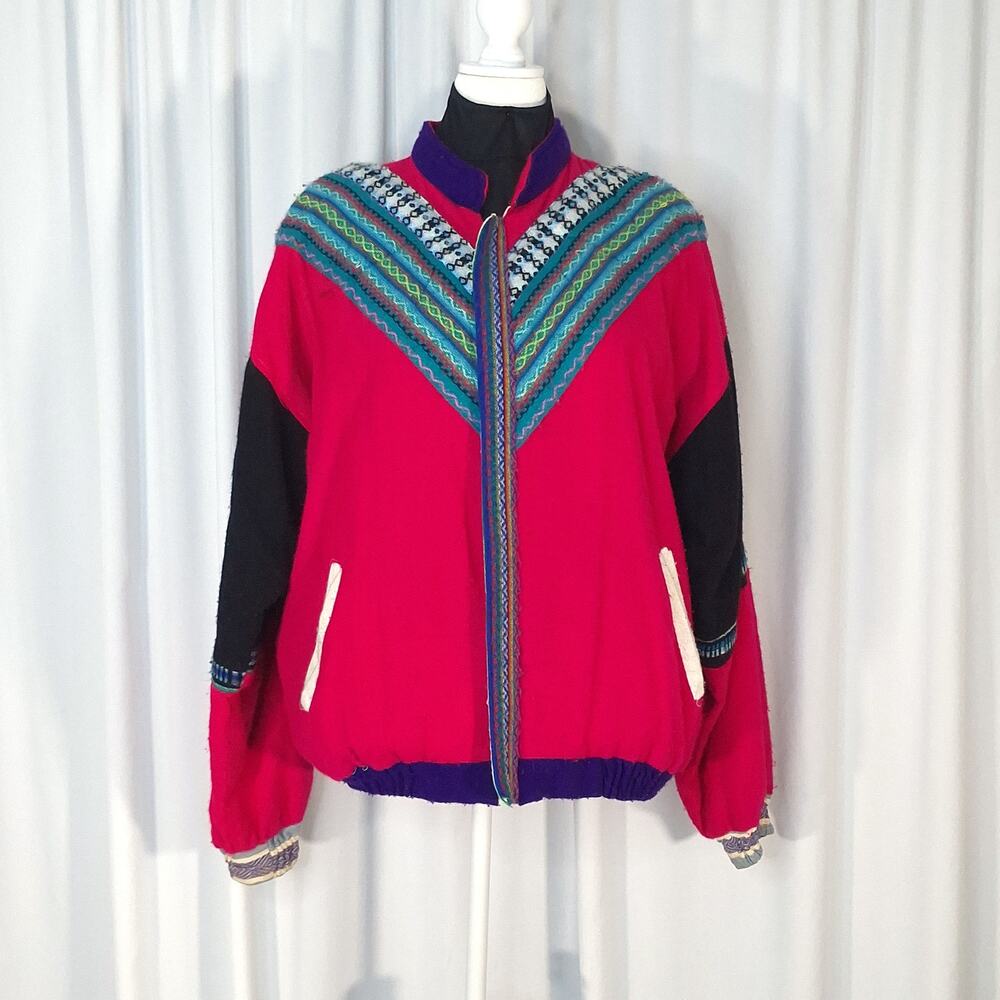Vintage XL Guatemalan Style Woven Patchwork Jacket Colorful Zip Bomber Coat Boho
